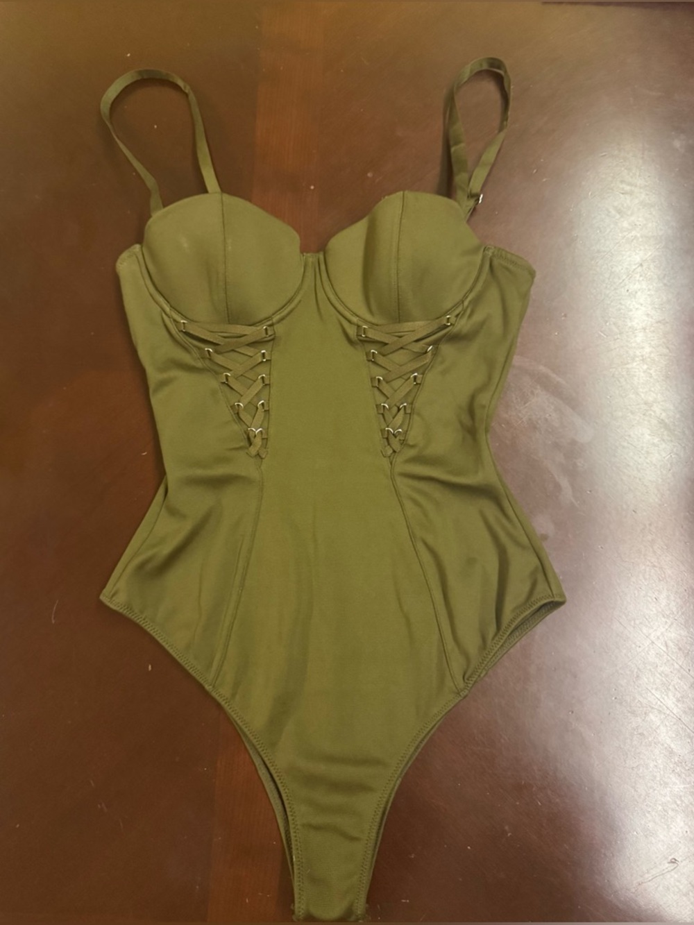 Fleur du Mal Olive Green Lace-Up Underwire Bodysuit